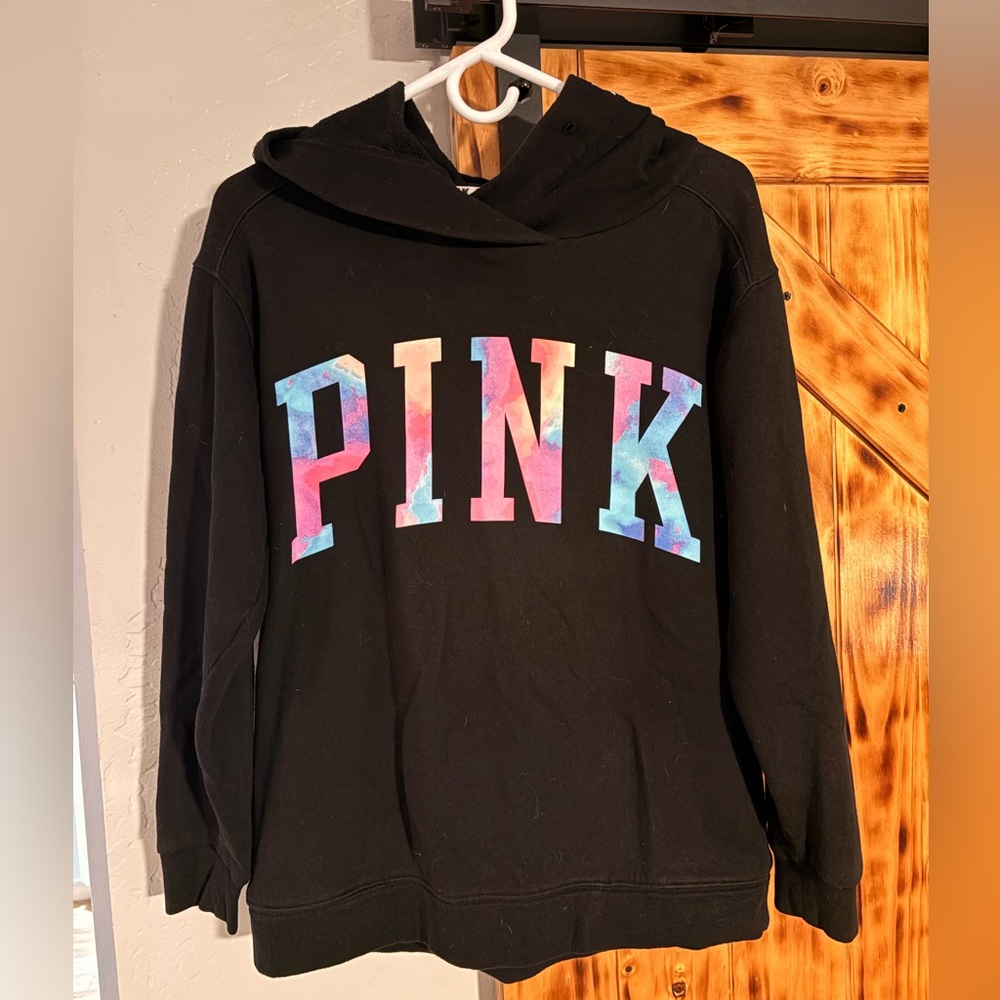 Victoria's Secret PINK Black Hoodie with Multicolor PINK Lettering